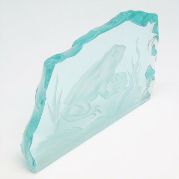 Etched Art Glass Frog & Bug Pond Artist Signed Scrivner Plaque Paperweight Decor - Picture 8 of 9